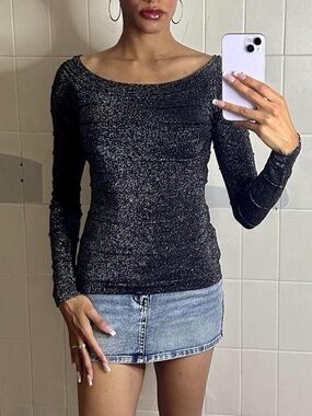 Cache Metallic Black Sparkle Long-Sleeve Boatneck Top